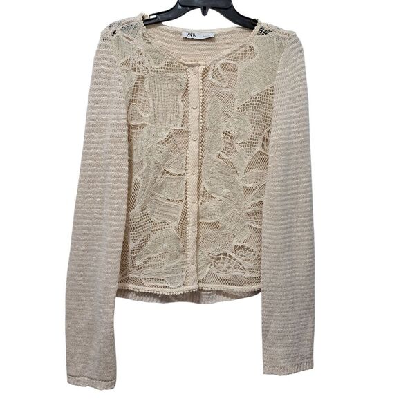 Zara Boho Floral Knit Crochet Coastal Minimalist Cardigan Cream Large - Picture 1 of 15